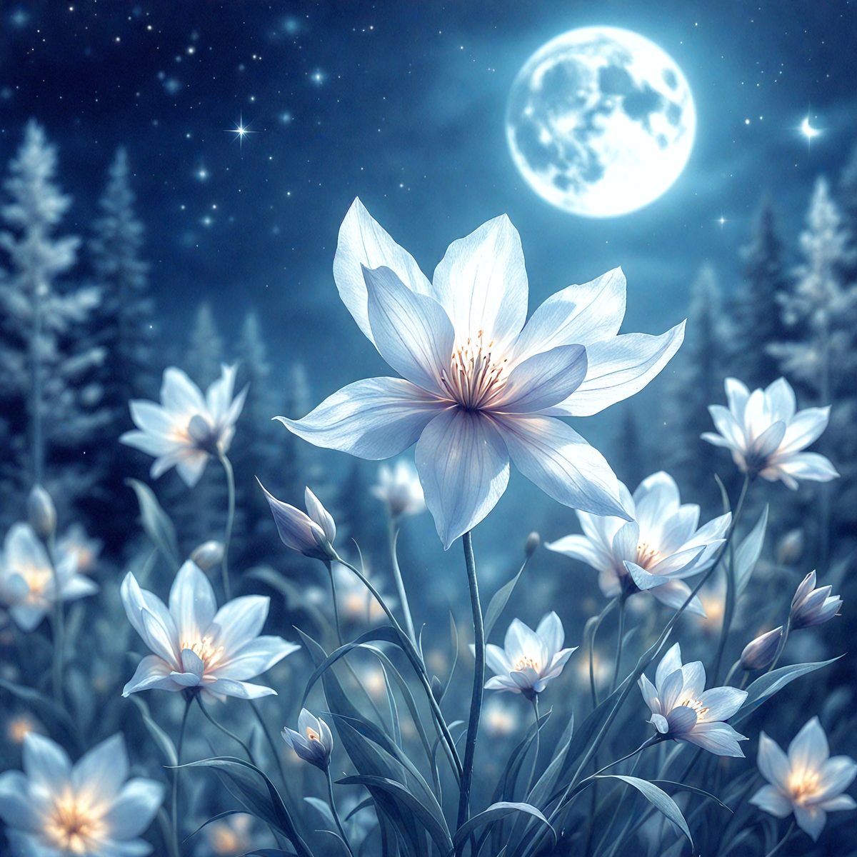 The primary subject of the image is a white flower with a yellow center, surrounded by other white flowers. The setting is a nighttime forest with a moon in the background, creating a serene and peaceful atmosphere. The visual style is a digital art or illustration, showcasing the beauty of the flowers and the moonlight. The colors and mood are predominantly white and blue, with a touch of yellow, giving the scene a calm and tranquil feel.